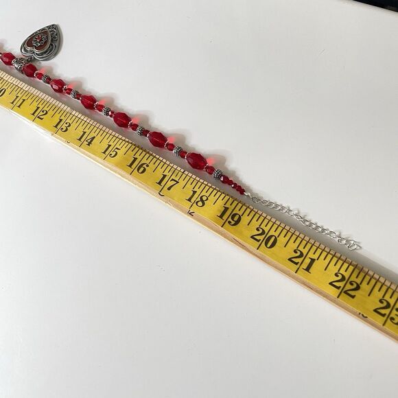 Artisan Red Glass Beaded Silver Tone Gothic Heart Pendant Necklace Statement - Picture 10 of 10